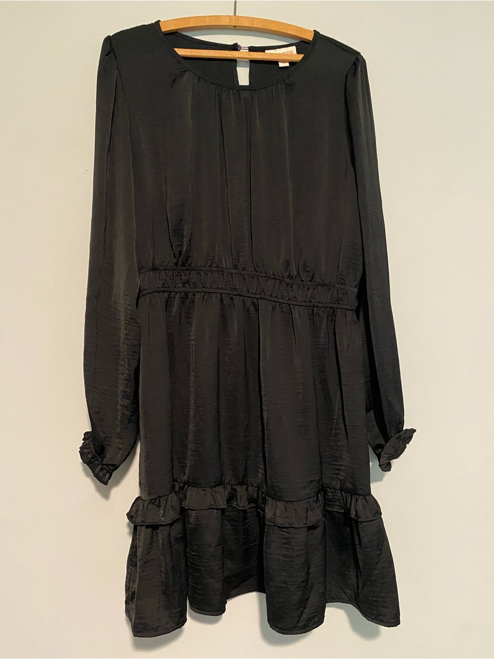 Knox Rose Black Satin Long Sleeve Ruffle Hem Mini Dress Size Medium